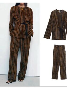 Zara Brown & Black Vertical-Stripe Wide-Leg Trousers Set